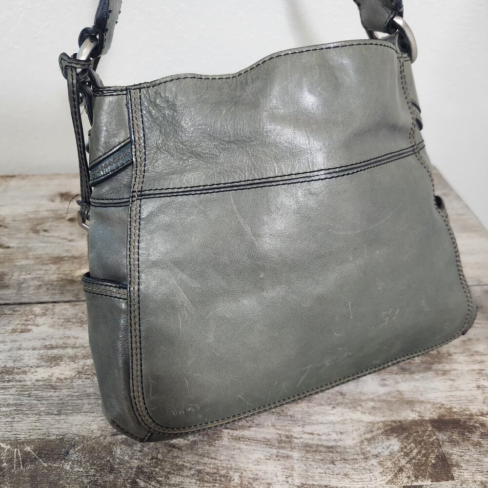 Fossil Y2K Sage Green Leather Shoulder Bag Purse Chunky Strap Boho Grunge - Picture 2 of 14